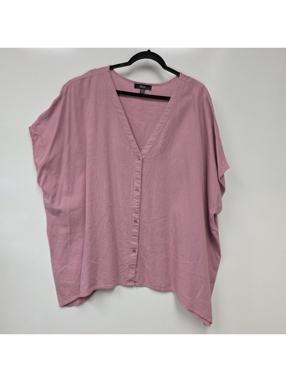 Ellos Blouse Womens 1X Pink V Neck Short Sleeve Button Dolman Tunic Top